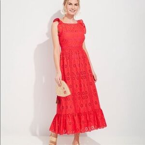 Vineyard Vines Red Eyelet Lace Flutter Sleeve Maxi Dress